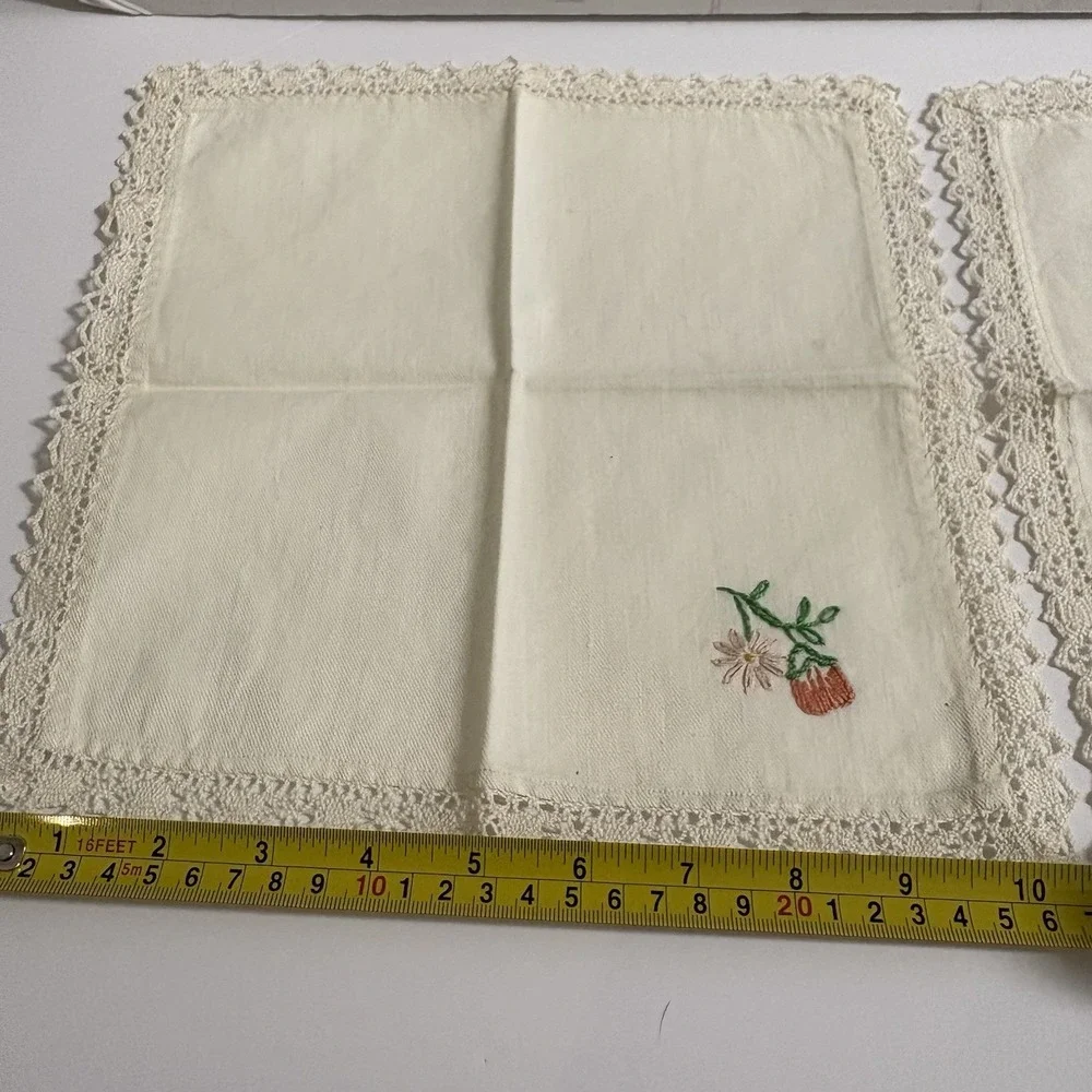 Vintage Hand Embroidered Flower Linen Tea Towels Lace Trim Lot Of 2 Cottage 10
